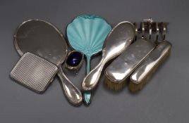 Mixed silver and continental white metal items including enamelled hand mirror, cigarette case,