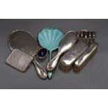 Mixed silver and continental white metal items including enamelled hand mirror, cigarette case,