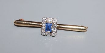 A yellow metal, sapphire and diamond square cluster set bar brooch, 46mm.
