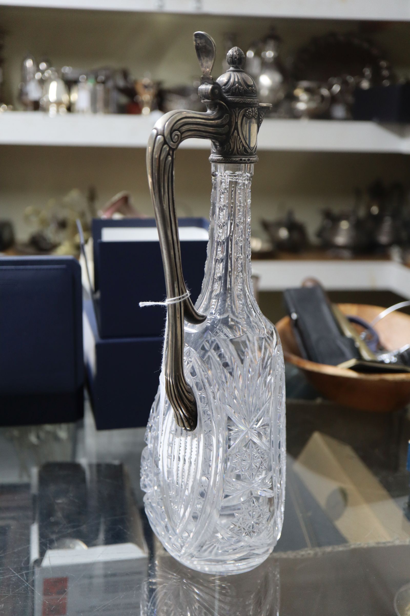 A Russian 84 zolotnik white metal mounted cut glass claret jug, 35.5cm. - Image 8 of 11
