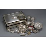 An Italian 925 mounted trinket box and a small group of silver and other items including, fob watch,