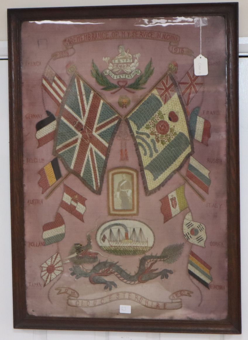 A Gloucestershire Regiment silkwork picture 'In remembrance of my service in N. China 1913-15'