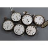 Six assorted silver or white metal pocket watches including Benson and Waltham.