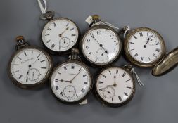 Six assorted silver or white metal pocket watches including Benson and Waltham.