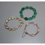 Three assorted white metal and gem set bracelets including rose quartz.