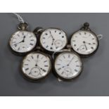 Three assorted Benson silver pocket watches and two Waltham silver pocket watches.