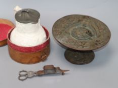A W.R. Cobridge 'Albion' jug, a steel candlesnuffer and an electrotype tazza