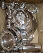 Assorted plated wares incl. pair candelabra, pair coasters, entree dish & cover, two salvers,