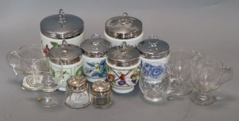 Six Royal Worcester large porcelain egg coddlers, eight smaller coddlers, two silver-topped