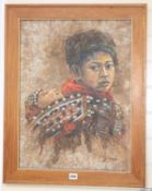 Yawamalya (Tibetan School), oil on a collage of leaves laid on card, Portrait of a Tibetan woman and