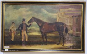English School, oil on canvas, Victorian style study of a racehorse, owner and jockey, 58 x 101cm