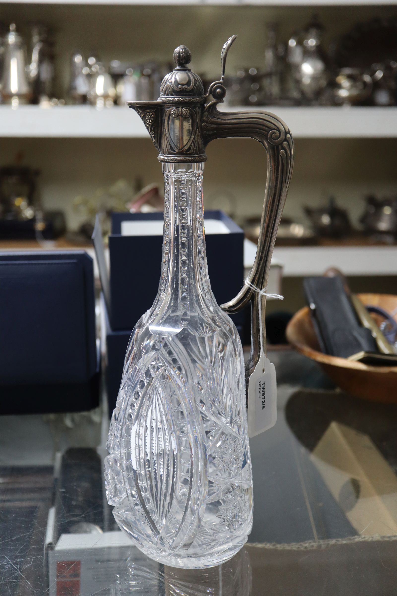 A Russian 84 zolotnik white metal mounted cut glass claret jug, 35.5cm. - Image 6 of 11