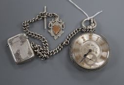 A Victorian silver pocket watch and albert with silver vesta case.
