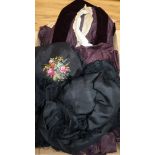 A 19th century deep burgundy silk ladies two piece, an embroidered petit point shawl and a fine silk