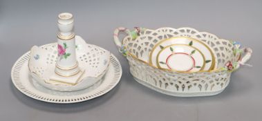 A KPM Berlin basket, a Meissen candlestick and two dishes, a KPM Berlin dish and three La Maison