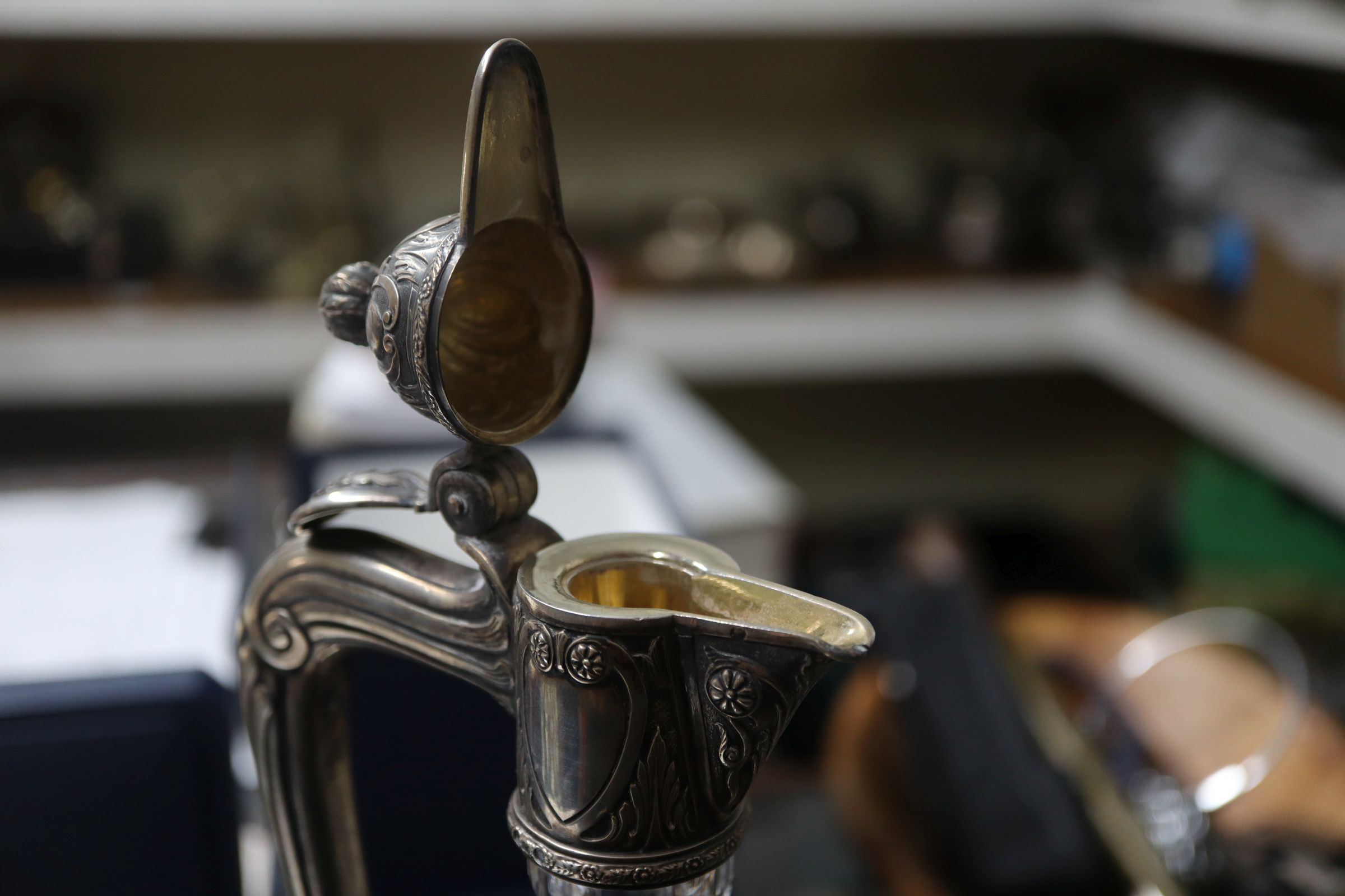 A Russian 84 zolotnik white metal mounted cut glass claret jug, 35.5cm. - Image 11 of 11