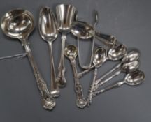 A Victorian Queens pattern sauce ladle, George Adams, London, 1855, five silver apostle spoons, a