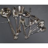 A Victorian Queens pattern sauce ladle, George Adams, London, 1855, five silver apostle spoons, a