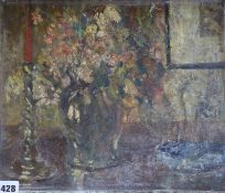 T.E.B. Hitchcock, oil on board, 'Flower piece', label verso, 31 x 36cm, unframed