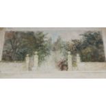 In the manner of Humphry Repton - scale watercolour - Garden and garden wall