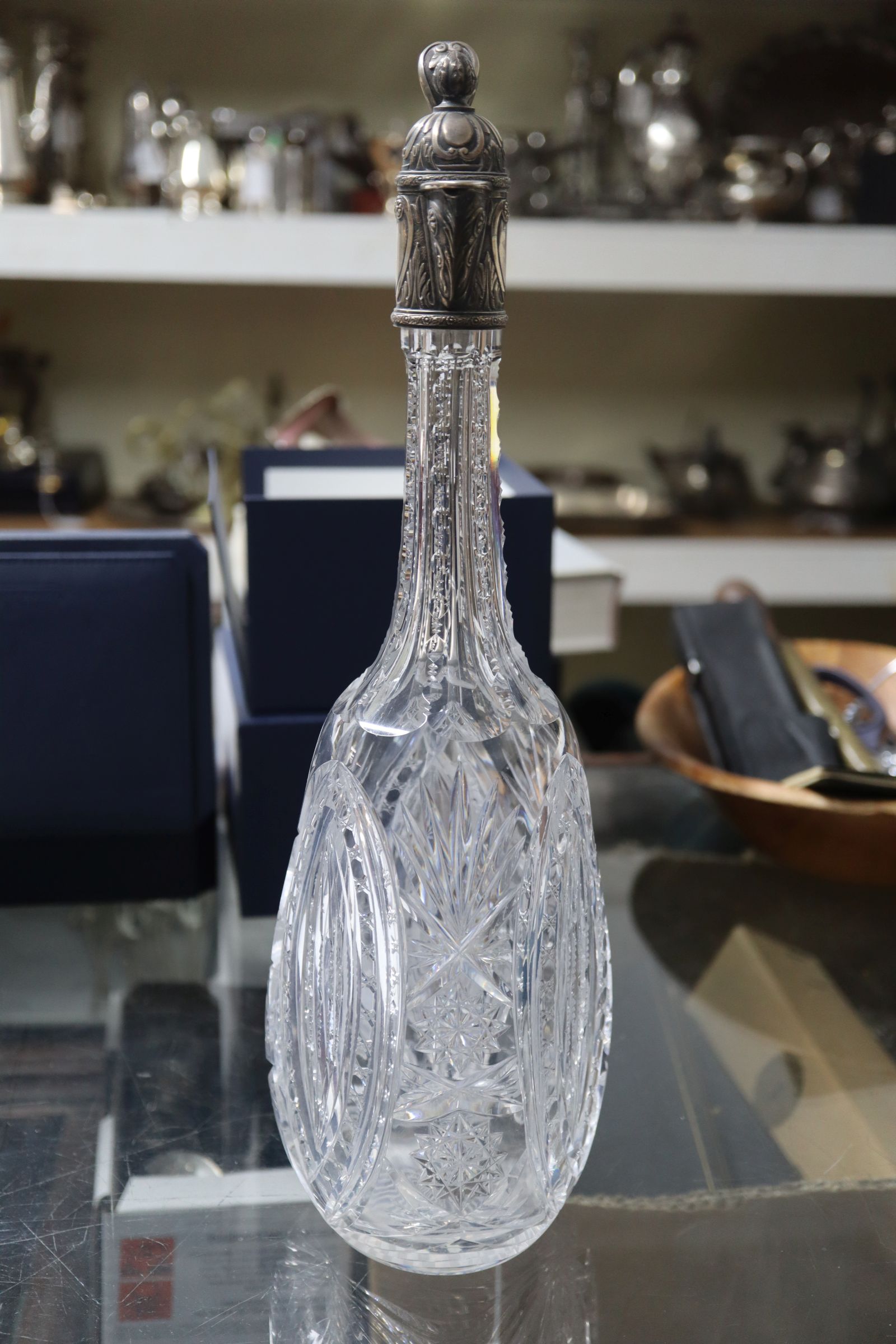 A Russian 84 zolotnik white metal mounted cut glass claret jug, 35.5cm. - Image 7 of 11