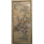 Chinese School, pair of gouache on silk, Studies of birds on flowering trees, 80 x 34cm