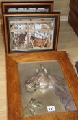 A pair of stable interior dioramas by Patrick Richard and a plated relief panel of a horse and dog