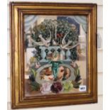 Kay D'Arcy, reverse painted mirror, Cherub fountain with doves, 33 x 28cm, overall 44 x 39cm