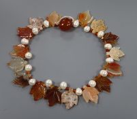 A leaf shaped coloured agate and baroque cultured pearl set necklace, 56cm.