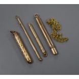 A 9ct gold swizzle stick, by Sampson Mordan & Co, a 9k chain, a 9ct gold pencil holder and two