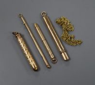 A 9ct gold swizzle stick, by Sampson Mordan & Co, a 9k chain, a 9ct gold pencil holder and two