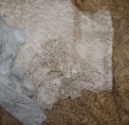 A large Maltese silk shawl, similar stole and collar and three lengths of Brussels point de gaze