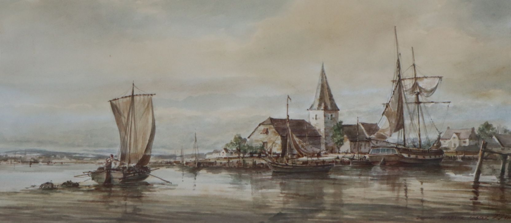 L* Dibby, watercolour, Bosham Harbour, Sussex, signed and inscribed, 17 x 38cm