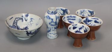 Seven pieces of Chinese porcelain including stem cups, bowl and vase