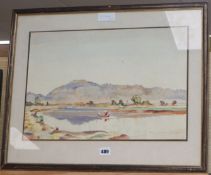 Norman Ellison, watercolour, Boatmen on a river, signed and dated 1945, 32 x 47cm