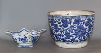 An 18th century Chinese blue and white U-shaped jar and a double lipped sauceboat