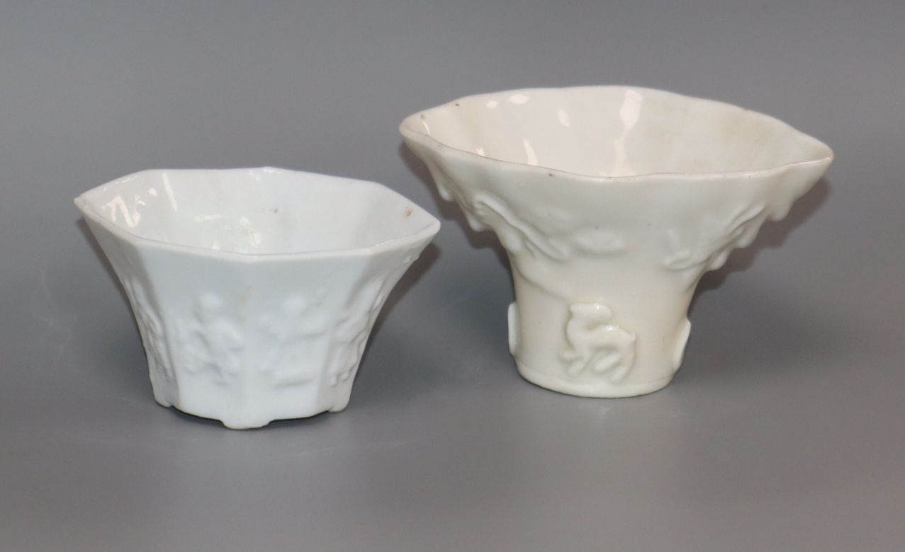 Two Chinese blanc de chine libation cups, decorated with eight figures and animals, 18th / 19th