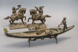 A pair of late 19th century spelter figures and a bronze of a gondola