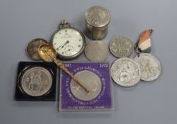 Small group of collectables, including pocket watch, spoon medallions etc.