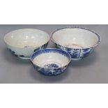 Three Chinese export blue and white bowls, 18th / 19th century