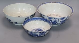 Three Chinese export blue and white bowls, 18th / 19th century