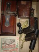 Mixed collectables to include binoculars, telescope, Thai box, triplex STG, flying goggles etc