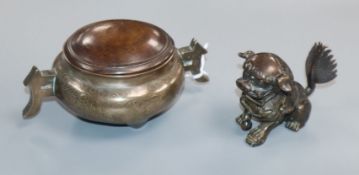 An 18th/19th century bronze silver inlaid Shi Sou censer with wooden lid and an 18th century