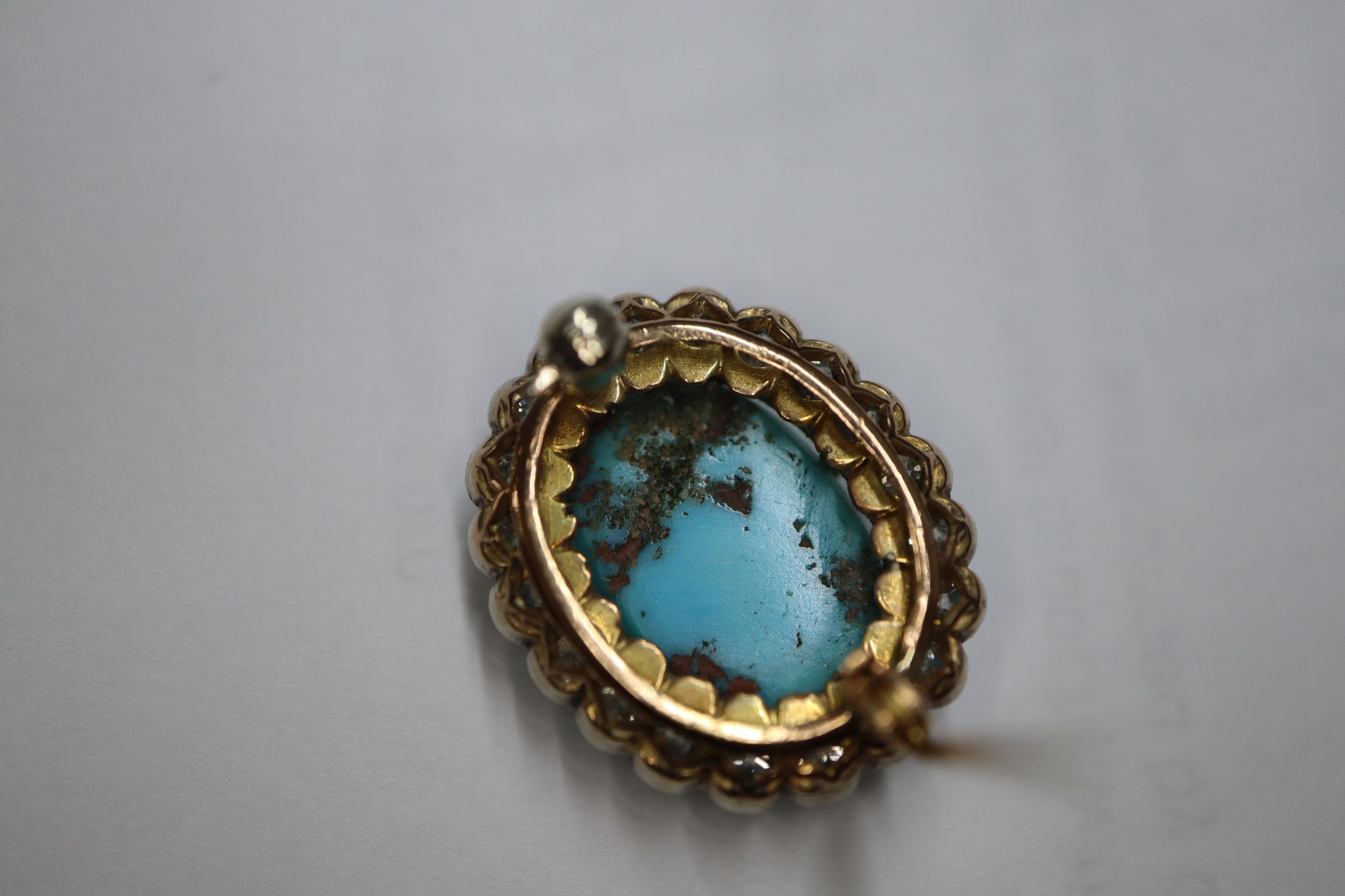 A Victorian yellow metal brooch, with oval turquoise cabochon surrounded by old-cut diamonds, 23mm. - Image 8 of 8