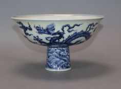 A blue and white Chinese dragon decorated pedestal dish diameter 17cm