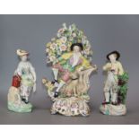 A Bow group of a gentleman with his dog and a pair of Derby figures of gardeners (all a.f.)