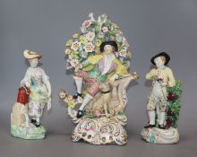 A Bow group of a gentleman with his dog and a pair of Derby figures of gardeners (all a.f.)