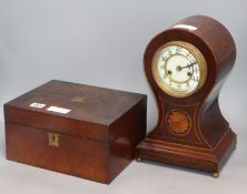 An Edwardian mantel clock, a drawing set and a writing slope