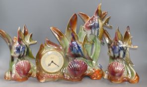 A 1960's French lustre ceramic clock garniture