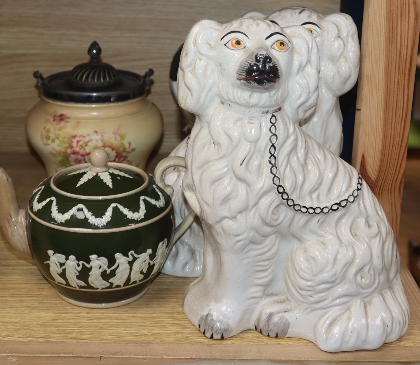 A pair of Staffordshire dogs, a Spode teapot and two other pieces